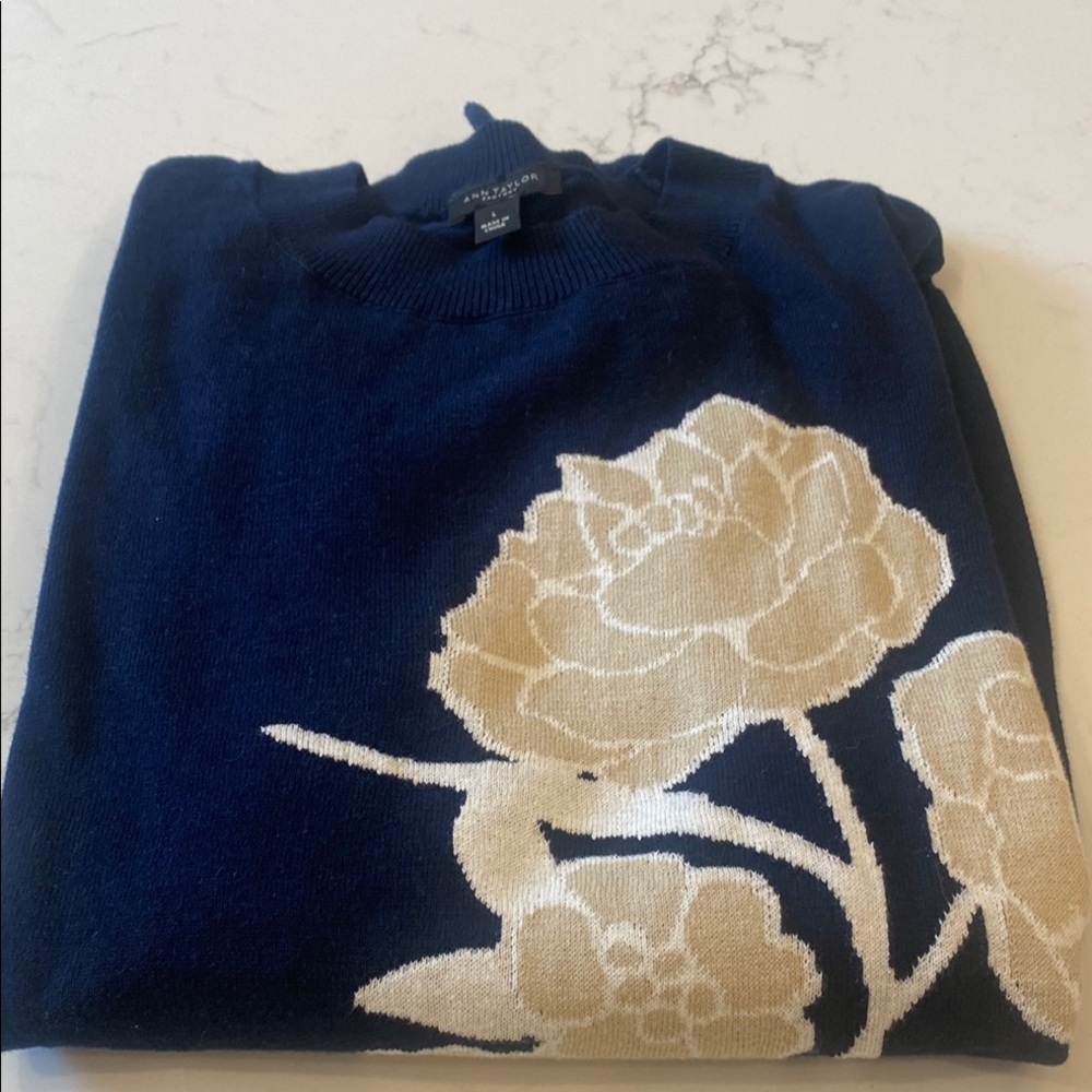 Navy Sweater with Cream Floral Design